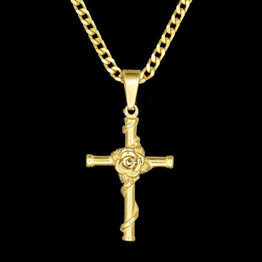 Stainless Steel Rose and Cross Pendant Chain Necklace