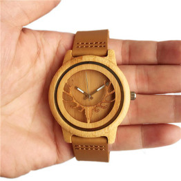 Wooden Bamboo Watch with Deer and Analog Dial Leather Band