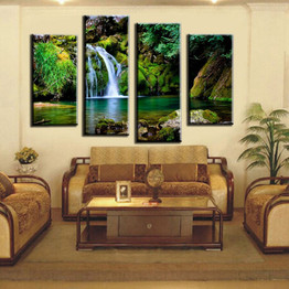 Unframed 4 Panel Waterfall And Green Lake Large HD Picture Modern Home Wall Decor Canvas Print Painting For Living Room Artwork