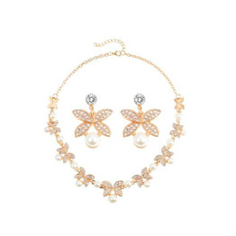 Simulated Pearl Jewelry Sets / Flower Leaf Gold / Silver Plated Choker Necklace / Earrings