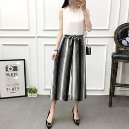 ETOSELL Women New Summer Wide Leg Pants Casual Loose High Elastic Waist Harem Pants Loose Belt Striped Elasticated Trousers