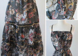 • Vintage 70's Sheer Black Tapestry Flower Summer Sun Dress M