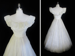 Vintage 40's Sheer White Organdy Full Skirt Evening Wedding Gown Party Dress S