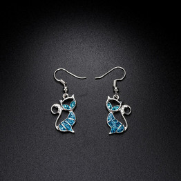 Cute Crystal Blue Opal Cat Dangle Hook Earrings Charm Jewelry Gift for Women