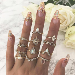 12 Pcs/set Bohemian Vintage Crown Water Drops Stars Geometric Crystal Ring Set Women Charm Joint Ring Party Wedding Jewelry Gift