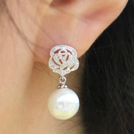 Romantic Rose simulated pearl earrings no pierced Rhinestone flower ear drop ear clip on earrings ear clips earrings