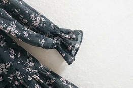 Women Ruffle Bow Tie Mini Floral Print Dress Vintage Long Sleeve Casual Loose Pleated Dress Ruffles Party Dress Vestidos