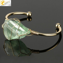 Natural Stone Gold-color Wire Wrap Crystal Cuff Bangles Bracelets