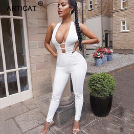 Cotton Sexy Hollow Out Sleeveless Backless Skinny Jumpsuit