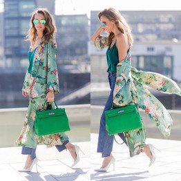 Vintage Loose Green Floral Printed Long Boho Bohemian Kimonos