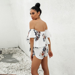 Floral Print Chiffon Elastic Waist Off Shoulder Boho Bohemian Rompers