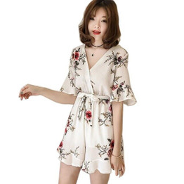 Vintage V Neck Ruffles Short Sleeve Floral Print Boho Bohemian Rompers