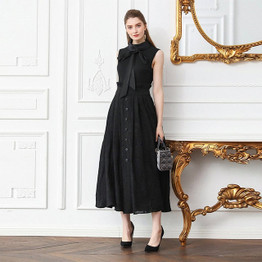 Silk Knit Lace Sleeveless Bow Ribbon Slim Swing Black Dresses