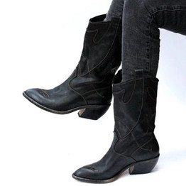 Women's mid calf cowboy boots pointed toe chunky western boots