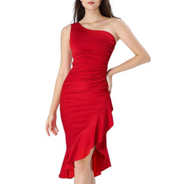 Ruched Ruffle Asymmetrical Cocktail Party  Dress