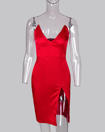 Solid Spaghetti Strap Slit Bodycon Dress