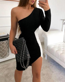 One Shoulder Colorblock Insert Slit Bodycon Dress