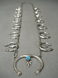Amazing Vintage Native American Navajo Turquoise Sterling Silver Squash Blossom Necklace