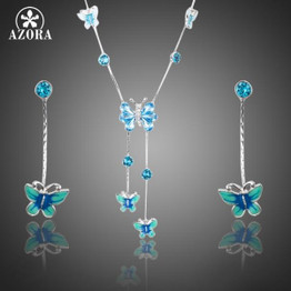 AZORA Elegant Stellux Austrian Crystal Butterfly Oil Painting Pattern Drop Earrings and Pendant Necklace set