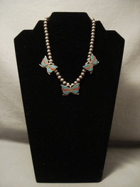Butterfly Love Vintage Navajo Turquoise Coral Native American Jewelry Silver Necklace