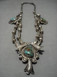 Early 1900's Vintage Native American Navajo Turquoise Sterling Silver Necklace