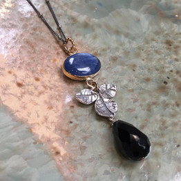 Kynite necklace, Silver gold necklace, leaves necklace, floral necklace, onyx necklace, long pendant, botanical pendant - Thru My Eyes N2051