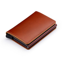 TOCARDS - RFID Blocking 100% Genuine Leather Credit Card Holder Aluminum Mini Wallet for Men