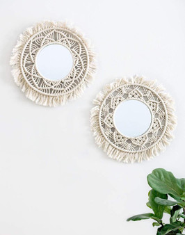 Hanging Wall Mirror with Macrame Fringe 2 Set Small Round Boho Antique Mirror