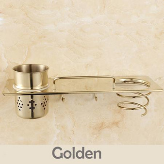 Chrome & Golden Wall Mounted Bathroom Storage Holder Hair Dryer Holder Towel Hooks Commodity Shelf