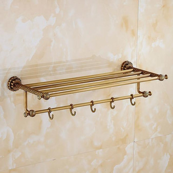 Bathroom Shelves 5 Towel Hooks Brass 2 Tier Rails Towel Bars Wall Shelf Bath Hangers Bathroom Accessories Towel Holder Fe8601