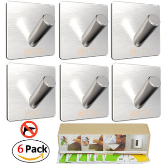 3M Self Adhesive Hooks - SNCTG 6 Pack Towel Hook SUS 304 Brushed Stainless Steel Bathroom Kitchen Organizer Super Power Heavy Duty Wall Mount Coat Hanging Rack