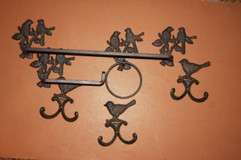 6) Songbirds Bathroom Decor, Cast Iron Wildbird bathroom hardware, towel rack, towel hooks, toilet paper holder