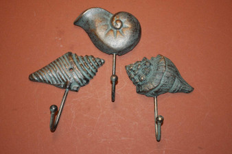 3) Sea shell Towel Hook set, free shipping, Sea shell bath decor, cast iron bronze-look sea shell decor, ocean shells beach decor