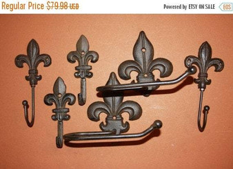 12 pieces) Elegant French Fleur De Lis bath accessory set, 2 sets, towel & toilet paper bath set, Saints decor, gift, F-4,23,24