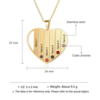 Heart Pendant Necklace Customized With 6 Names & Birthstones
