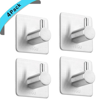 Yegu 3M Self Adhesive Hook 4 Pack SUS304 Stainless Steel Brushed Nickel Robe Towel Coat Hanger Key Rack Garage Storage Organizer Stick On Sticky Bathroom Kitchen Wall Mount Heavy Duty