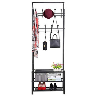 Yaheetech Hall Tree Metal Entryway 18 Hooks Coat Rack with 3-Tier Shoe Rack Bench Hat Umbrella Stand Black