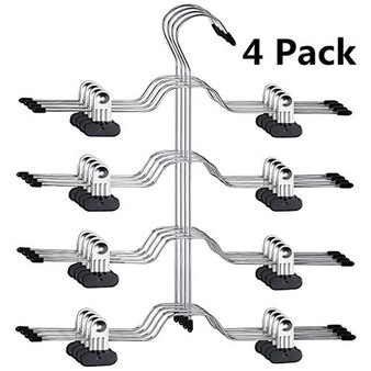 HOMEIDEAS Space Saving Pants Hangers, 4 Tier Kids Pants/Skirt Hangers with 8 Clips Adjustable - Metal Multi Layers Non Slip Trousers Hangers for Skirts Pants Slacks Jeans, Pack of 4