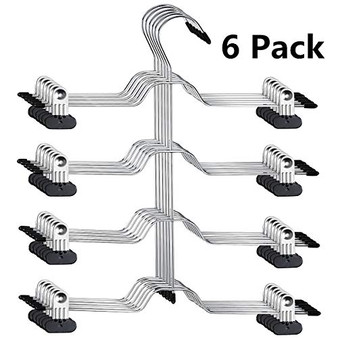 HOMEIDEAS Space Saving Pants Hangers, 4 Tier Kids Pants/Skirt Hangers with 8 Clips Adjustable - Metal Multi Layers Non Slip Trousers Hangers for Skirts Pants Slacks Jeans, Pack of 6