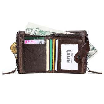 Men's Genuine Leather RFID Multi Card Slots Double Zippers Wallet