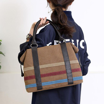 Women's Casual Canvas Stripe Large Capacity Multi-pocket Zipper Handbags