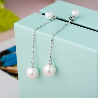 Beautiful Sterling Silver Long Stud White Pearl Earrings