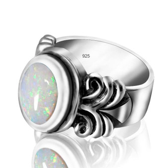 Antique Silver White Fire Opal Gemstone Ring for Women