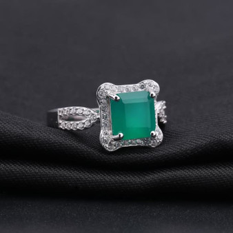 Vintage Square Natural Green Agate Gemstone Ring