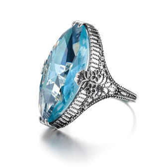 Royal Vintage Exaggerated Ring with Big Oval Blue Aquamarine Gemstone