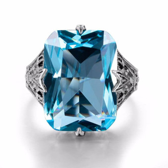 Vintage Baroque Square Cut Blue Aquamarine Gemstone Ring for Women