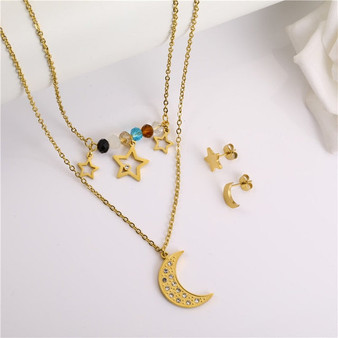 Moon Multi Layer Necklace Earrings Set Stainless Steel Jewelry Sets Fashion Jewelry Woman Accessories Gifts For Women