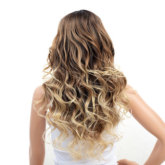 3 Tones Brown Blonde Ombre Rooted Long Synthetic Hair Wigs Wavy Curly