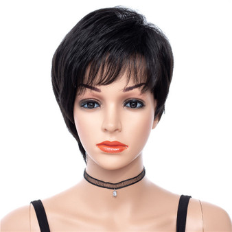 Short Pixie Cut Wavy Synthetic Capless Wigs Natural Black