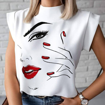 Lip Print Casual Summer Top Women Mock Neck Sleeveless T Shirts